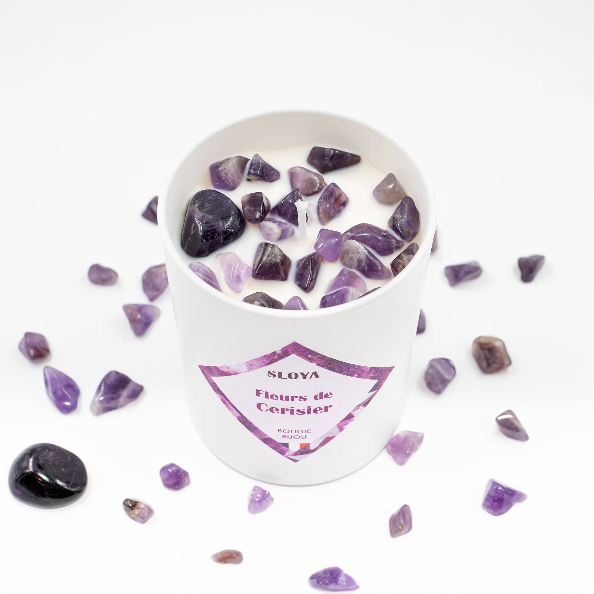 Bougie bijou pierres Améthyste - parfum Fleur de Cerisier - SLOYA